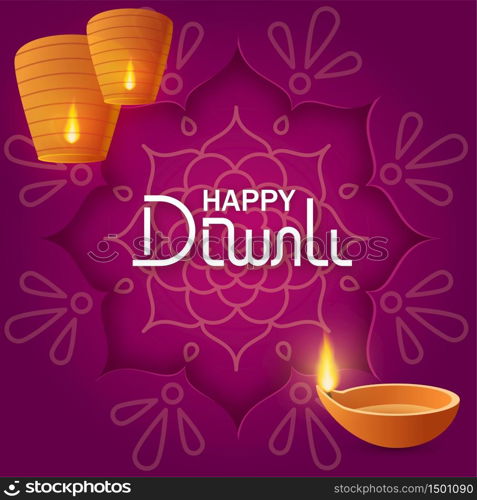 Concept festival Diwali with paper rangoli on purple background with text lettering happy Diwali, paper sky lanterns and diya oil lamp for banner or card