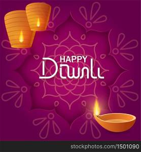 Concept festival Diwali with paper rangoli on purple background with text lettering happy Diwali, paper sky lanterns and diya oil lamp for banner or card