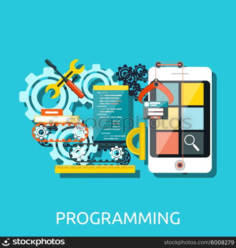 Concept for app development programming with smartphone, tools, programing code. Apps, development, mobile apps programming, software development, mobile app development, app design programming
