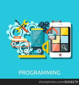 Concept for app development programming with smartphone, tools, programing code. Apps, development, mobile apps programming, software development, mobile app development, app design programming