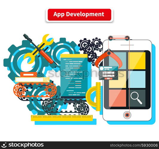 Concept for app development with smartphone, tools, programing code on white background. Apps, development, mobile apps, software development, mobile app development, app design