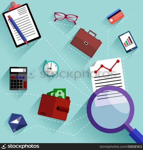 Concept for business objects and items that businessmen use every day with stationery, clipboard, glasses,credit card, smartphone, wallet with money, calculator
