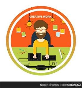 Concept for graphic design, creative work, designer tools and software in flat design with computer surrounded designer equipment and instruments. Top view of designer draws on tablet at desk