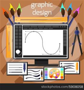 Concept for graphic design, designer tools and software in flat design with computer surrounded designer equipment and instruments