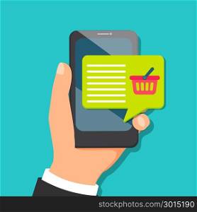 Concept for mobile purchasing, hand holding smartphone with message or notification about his cart. Icon for Online shoping. Vector illustration.. Concept for mobile purchasing.