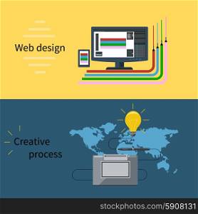 Concept for web design and creative process with desktop computer, digital pen and tools and instruments of web designer