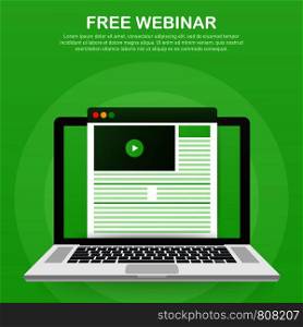 Concept free webinar for web page, banner, presentation, social media, documents. Watch video online. Vector stock illustration.
