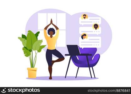 Concept freelancer african woman practicing yoga and meditation on home. The girl sits in the lotus position, the thought process, the inception and the search for ideas. Time management. Vector.