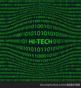 concept hi tech, matrix style background with a bulge word hi tech in the foreground and crumbling the number one and zero, the bits and bytes of green color, vector illustration for print or website design