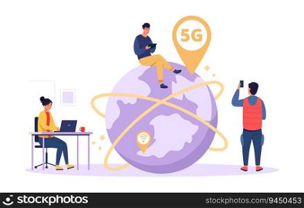 Concept high speed internet 5G. Smartphone wireless technology, wifi connection. Cartoon tiny people workers with mobile phones and laptop, innovative generation vector illustration. Concept high speed internet 5G. Smartphone wireless technology, wifi connection. Cartoon tiny people workers