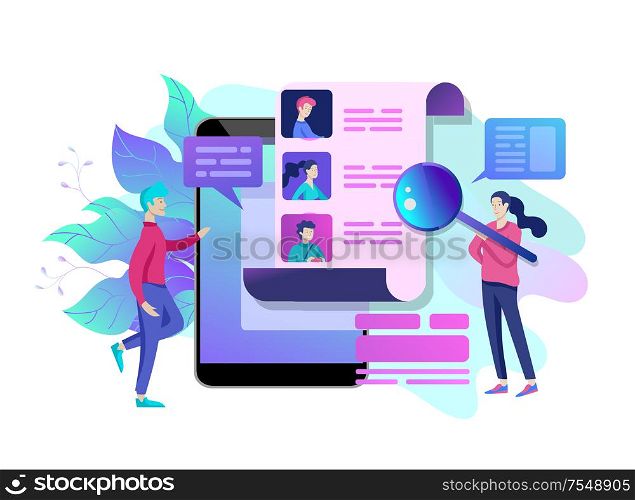 Concept Human Resources and selection candidates, banner, presentation, social media, documents. Recruitment for web page. Vector illustration filling out resumes, hiring employees. Concept Human Resources, banner, presentation, social media, documents. Recruitment for web page.