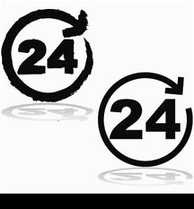 Concept icon showing a circle with an arrow going around a number 24, illustrating a round-the-clock, 24-hour service