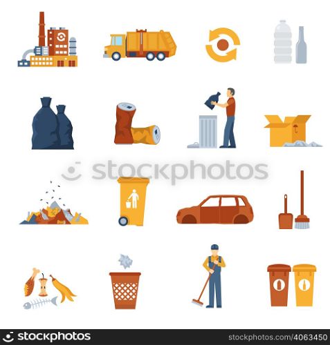 Concept icons set about garbage collection and disposal vector illustration. Garbage Color Icons