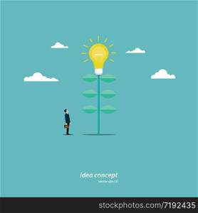 Concept ideas about business. A young businessman stands at a light bulb tree. Business growth. Success. Leadership. Vector illustration flat design