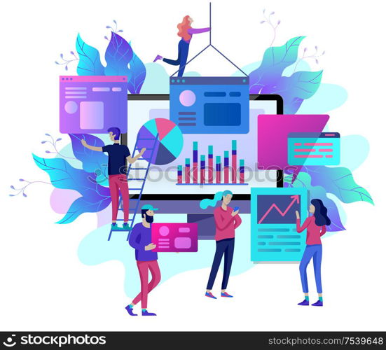 Concept illustration of business, office workers analysis of the evolutionary scale, SEO, market research Web site coding, internet search optimization, banner, presentation, social media. Concept vector illustration of business, office workers analysis