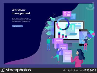 Concept illustration of business, office workers analysis of the evolutionary scale, SEO, market research Web site coding, internet search optimization. Landing page template, social media. Concept vector illustration of business, office workers analysis