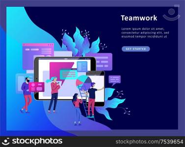 Concept illustration of business, office workers analysis of the evolutionary scale, SEO, market research Web site coding, internet search optimization. Landing page template, social media. Concept vector illustration of business, office workers analysis