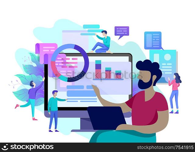 Concept illustration of business, office workers analysis of the evolutionary scale, SEO, market research Web site coding, internet search optimization, banner, presentation, social media. Concept vector illustration of business, office workers analysis