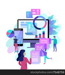 Concept illustration of business, office workers analysis of the evolutionary scale, SEO, market research Web site coding, internet search optimization, banner, presentation, social media. Concept vector illustration of business, office workers analysis