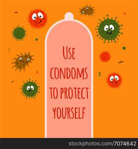 Concept illustration of condom and microbes. Protection contraception banner vector. Concept illustration of condom and microbes