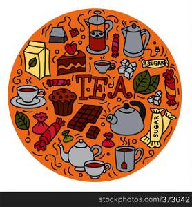 concept illustration of different desserts and tea icon. tea concept icon
