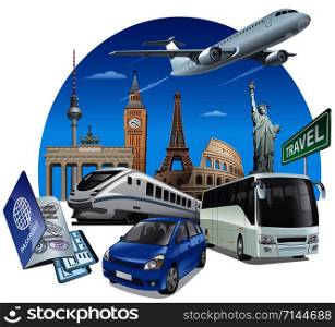 concept illustration of transport for travel around the world. transport for travel