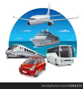 concept illustration of travel and journey by different kind of transport. travel and journey
