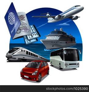 concept illustration of travel and journey transport, car, airplane, bus and train. travel and journey transport