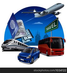 concept illustration of travel and transport, car, airplane, bus and train. travel and transport