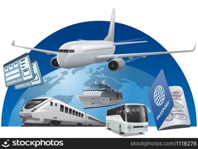 concept illustration of travel around the world by airplane, bus and train. transport for travel