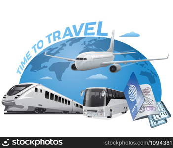 concept illustration of travel around the world by airplane, bus and train. travel and transport