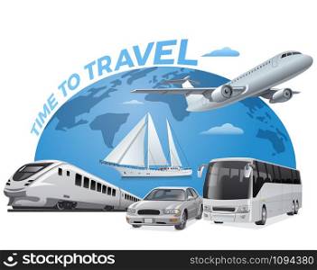 concept illustration of travel around the world by airplane, bus, car and train. travel around the world