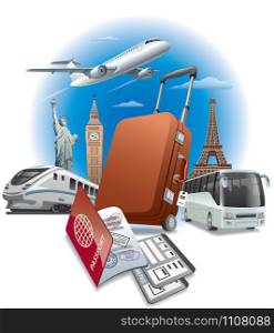 concept illustration of travel around the world, transport and passport with tickets. travel around the world