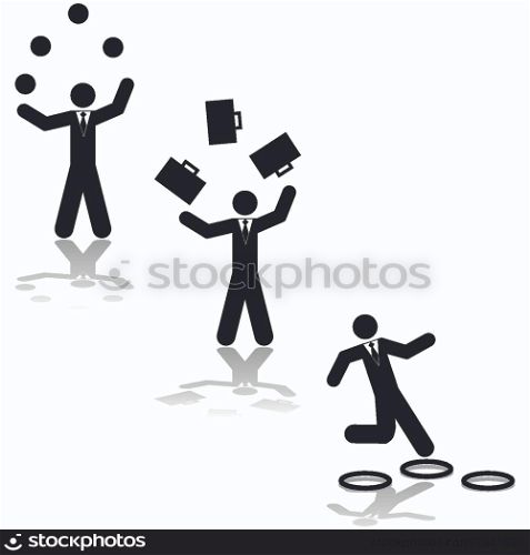 Concept illustration showing a businessman juggling balls, suitcases or jumping through hoops