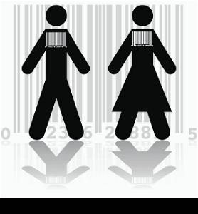 Concept illustration showing a couple wearing barcodes, to represent the commodification of modern society