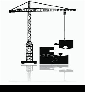 Concept illustration showing a crane moving the final missing piece to complete a puzzle