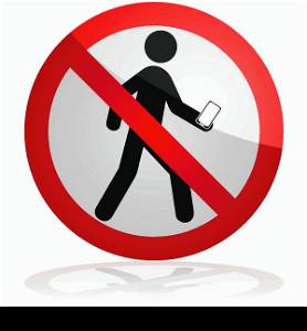 Concept illustration showing a forbidden sign over a man who&rsquo;s walking and looking down at his phone