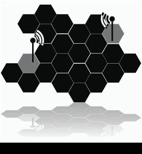 Concept illustration showing a grid made of hexagonal cells and two towers communicating