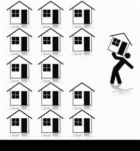 Concept illustration showing a man carrying a house after selecting it from several similar ones