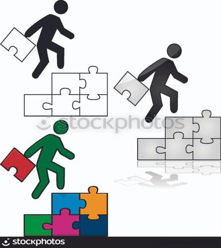 Concept illustration showing a man climbing a stair made out of puzzle pieces, while carrying the final piece to complete the puzzle