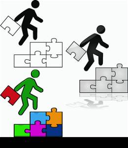 Concept illustration showing a man climbing a stair made out of puzzle pieces, while carrying the final piece to complete the puzzle