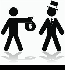 Concept illustration showing a man giving a bag of money to a rich person