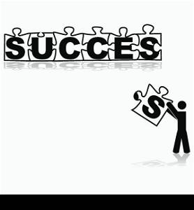 Concept illustration showing a person carrying the missing piece to form the word SUCCESS