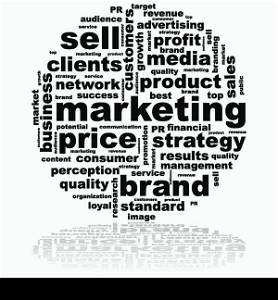 Concept illustration showing a round word cloud with ideas related to marketing