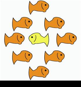 Concept illustration showing a school of fish swimming in one direction and a single fish swimming in the opposite direction