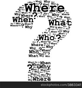 Concept illustration showing a word cloud shaped like a question mark with the traditional Five Ws of reporting: what, why, when, who and where