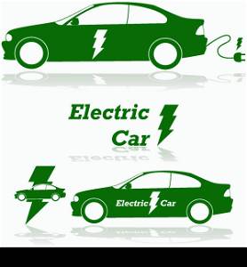 Concept illustration showing an electric car with a lightning bolt and an electrical plug