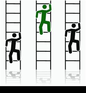 Concept illustration showing three different people climbing ladders