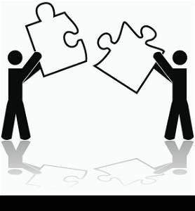 Concept illustration showing two people carrying matching puzzle pieces