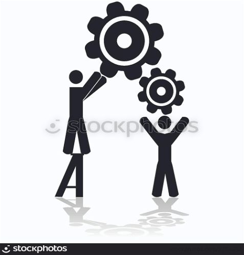 Concept illustration showing two people working together to assemble machine gears